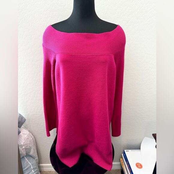ANTHROPOLOGIE | Elise Off Shoulder Ribbed Sweater Hot Pink Fuchsia | Size XL - Picture 3 of 8
